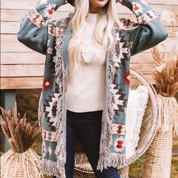 New Aztec Print Blanket Western Fringe Cardigan Sweater Coat - Picture 6 of 10